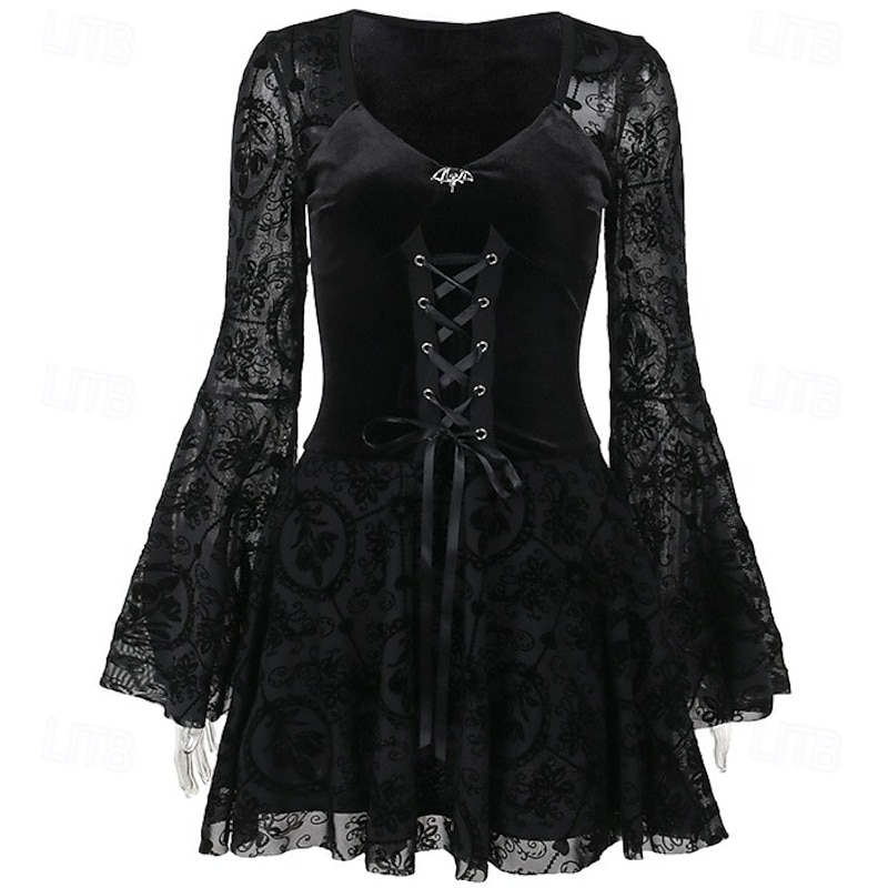 Gothic Mini Dress Bell Sleeve Witch Lace Velvet Corset Floral Fancy Dress Women's Fantasy Halloween Carnival Performance Party Adults Dress