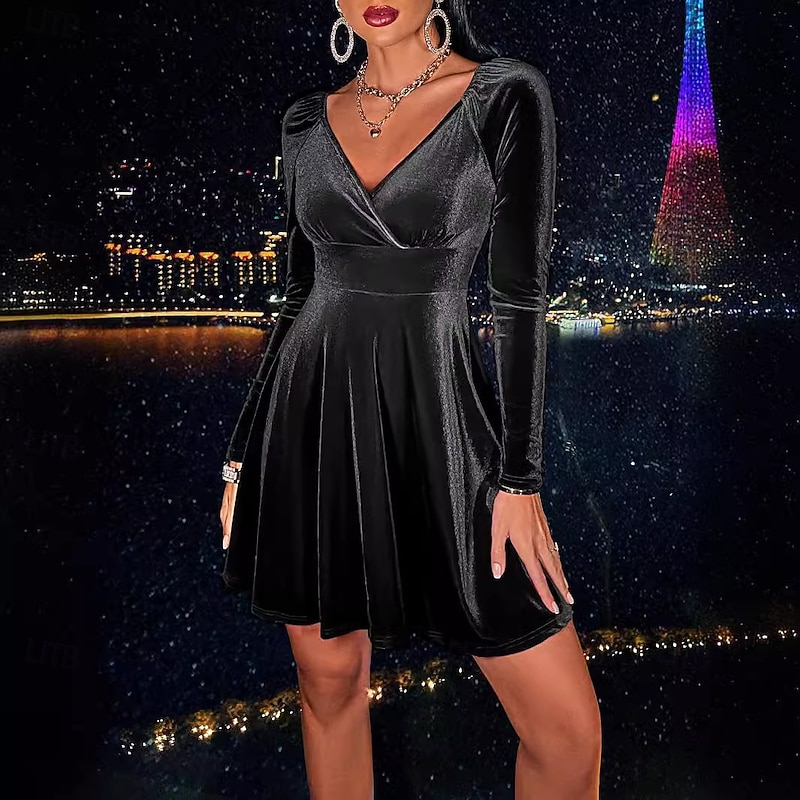 Women's Mini Dress Black Dress Cocktail Dress Sheath Dress Formal Dress Party Birthday Formal Wedding Party Wedding Guest Plain Long Sleeve V Neck Black Red Blue Green Spring Fall Winter Autumn2