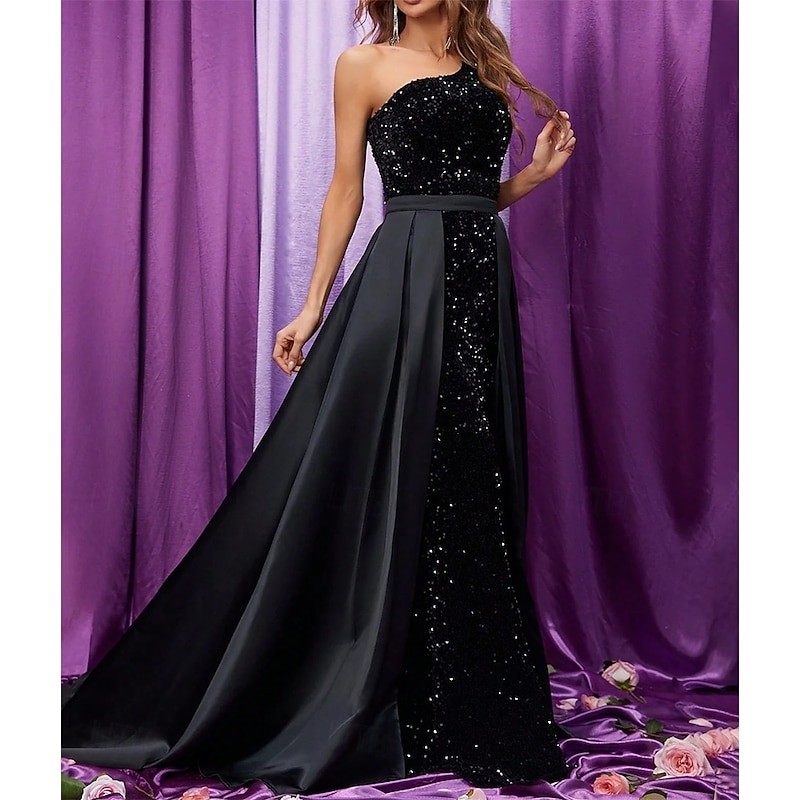 Black Velvet Sequin Mermaid / Trumpet Evening Gown with Detachable Overskirt Elegant Dress Formal Wedding Sweep / Brush Train Sleeveless One Shoulder 20253