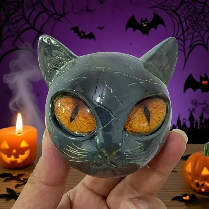 Luxury Black Cat Stone Sculpture Halloween Decoration Hand-Carved Crystals and Healing Stones Carved Halloween Black Cat Decor Pussy Figurine2