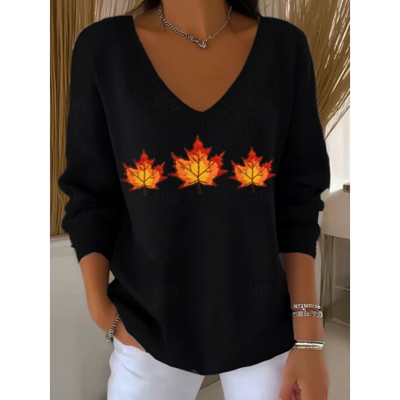 Women's Sweater Casual Soft Floral Ribbed V Neck Knitted Print Long Sleeve Regular Tops Knit Outdoor Daily Weekend Yellow Orange Fall Winter2