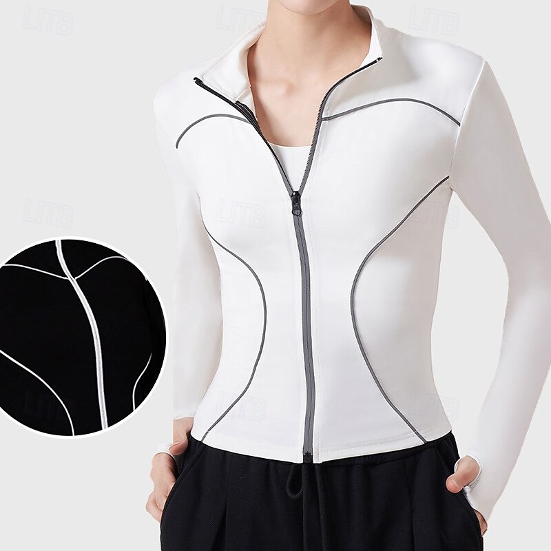 Women's Workout Jacket Stand Collar Lightweight with Thumbholes Long Sleeve Sports Solid Color Top For Gym Athletic Running Slim Activewear