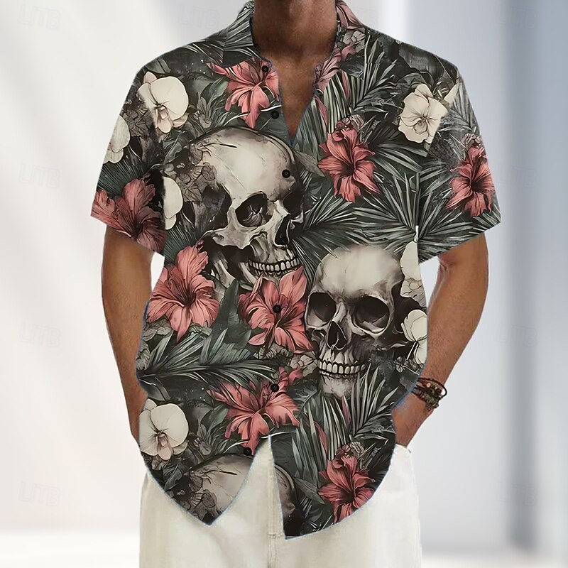 Men's Day of the Dead Skulls Flowers Shirt Summer Shirt Button Up Shirt Short Sleeve Dark Gothic Style Holiday Summer Spring Turndown 3D Print Collared Shirts Front One Pocket Yellow Pink Blue