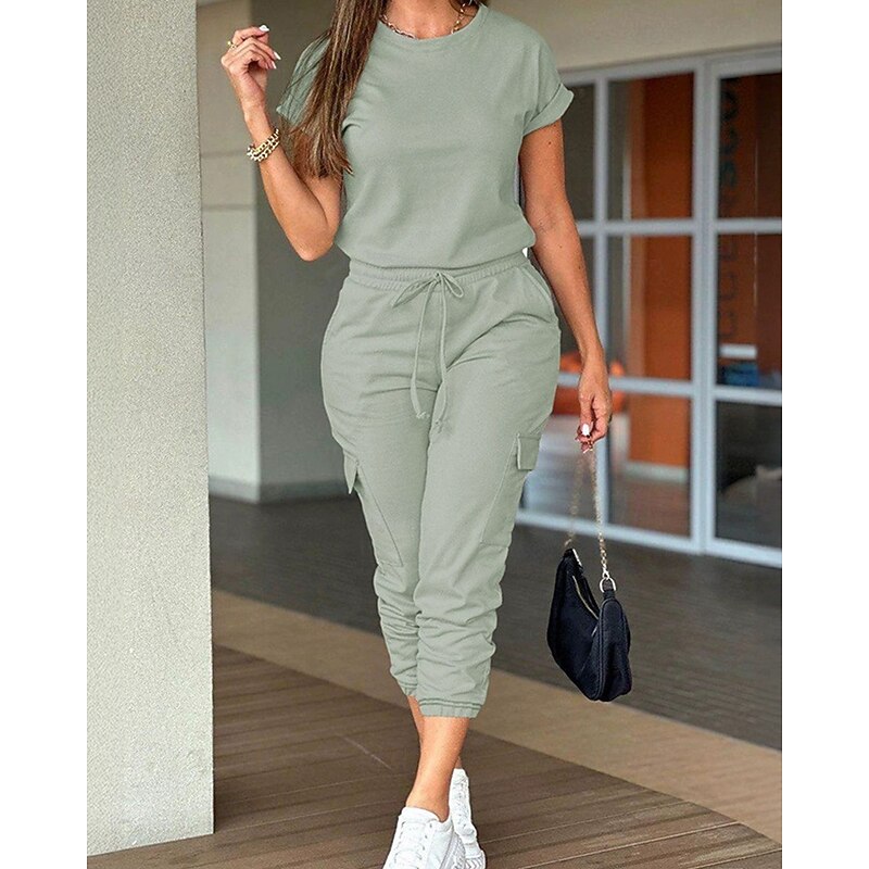 Women's Normal Jumpsuit Streetwear Solid Color Short Sleeve Crew Neck Drawstring Pocket Street Daily Regular Fit Black Light Green Pink Fall2