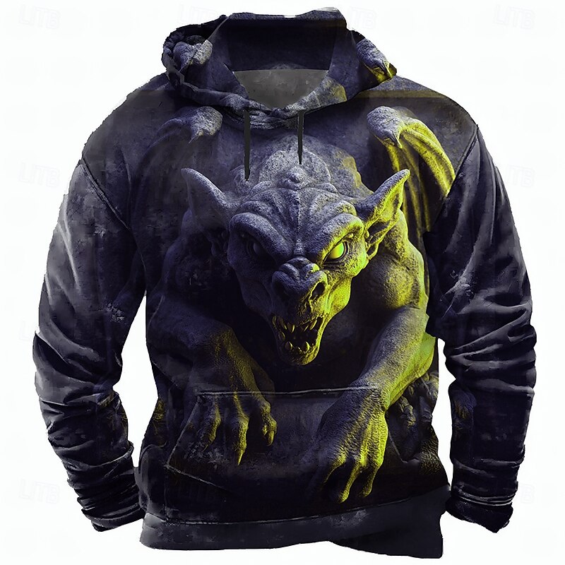 Men's Dragon Hoodie Sweatshirt Cool Party Crew Neck Club Streetwear Red Orange Drawstring Fall Winter Designer2