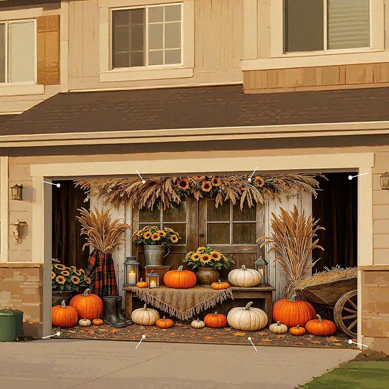 Halloween Garage Door Cover Large Hanging Backdrop Pumpkin Farm Rustic Cottagecore Dark Punk Gothic Style Party Outdoor Shooting Backgrounds Yard Haunted House Home Decor2