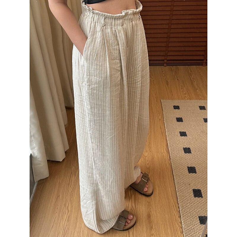 Women's Linen BLend Pants Trousers Vacation Vintage Ethnic Style Full Length Mid Waist Striped Elastic Waistband Comfy Breathability Soft Inelastic Vacation Home Beige Summer Spring Fall Loose Fit