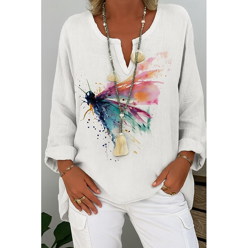 Women's Cotton Linen Shirt Graphic Butterfly Abstract Elegant Bohemia Vintage Long Sleeve V Neck Regular Tops Daily Holiday Red Blue Green Summer Spring