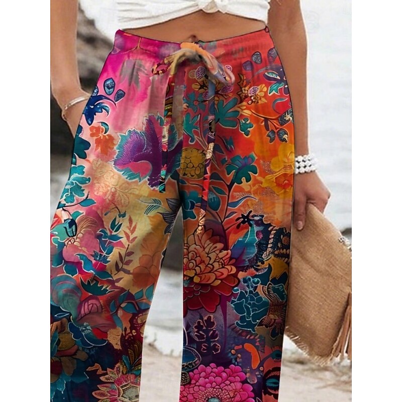 Women's Wide Leg Pants Trousers Vacation Casual Long High Waist Floral Elastic Waist Printing High Cut Breathability Soft Micro-elastic Vacation Street Daily Wear Red Green Spring Fall Regular Fit2
