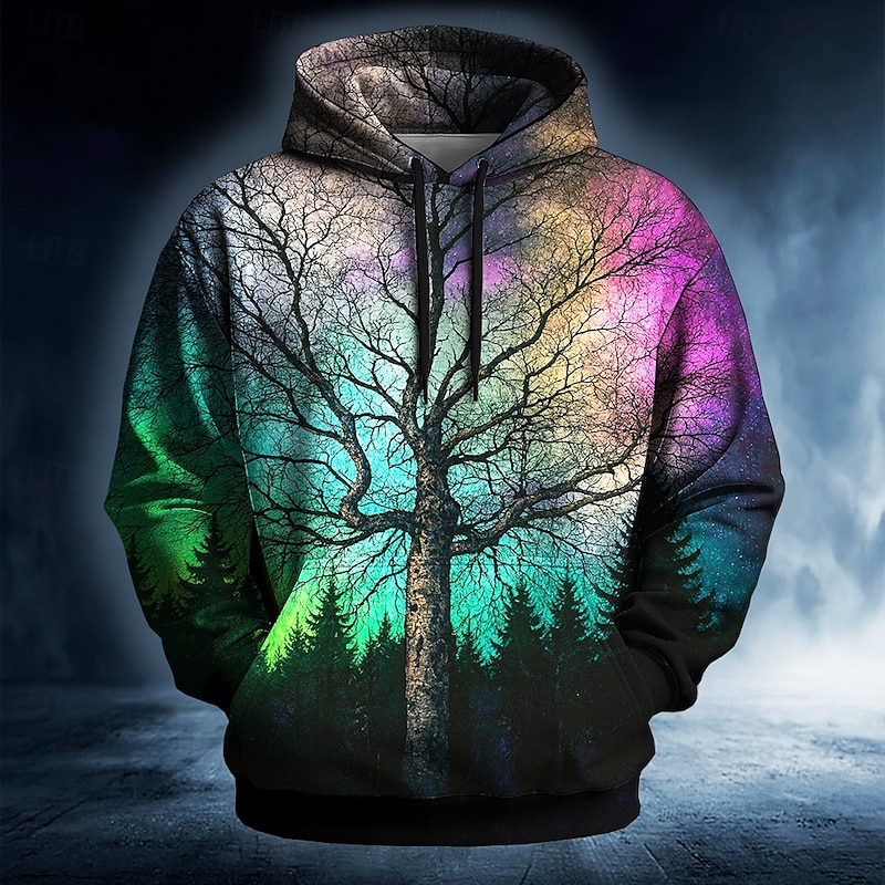 Men's Tree Optical Illusion Sweatshirt Ethnic Cowboy Crew Neck Streetwear Black Drawstring Fall Winter Designer