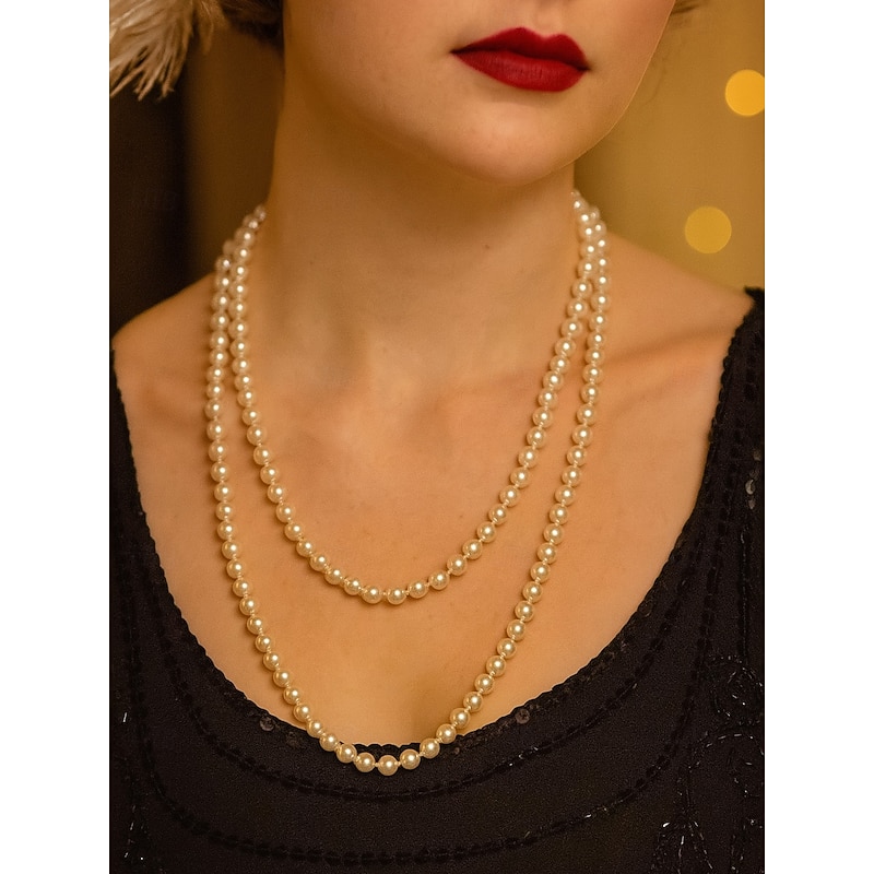 Women's Long Faux Pearl Necklace - 1920s Flapper Style Layered Jewelry for Gatsby Parties and Vintage Themed Events