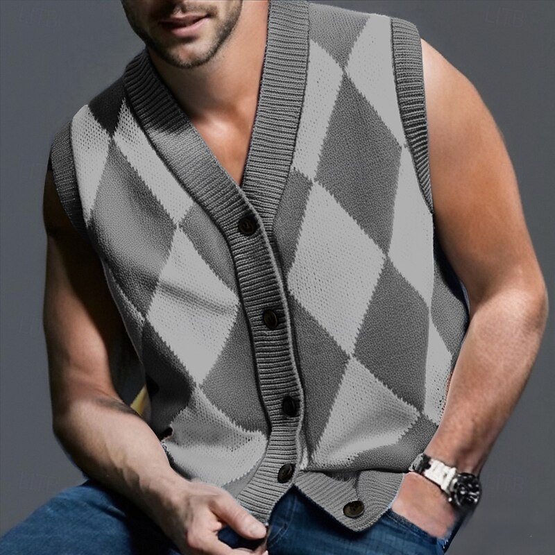 Men's Sweater Vest Vest Knitwear Cardigan Vest Ribbed Knit Regular Tops Buttons Argyle V Neck Fashion Classic Vacation Daily Wear Clothing Apparel Fall Winter Black Blue M L XL2