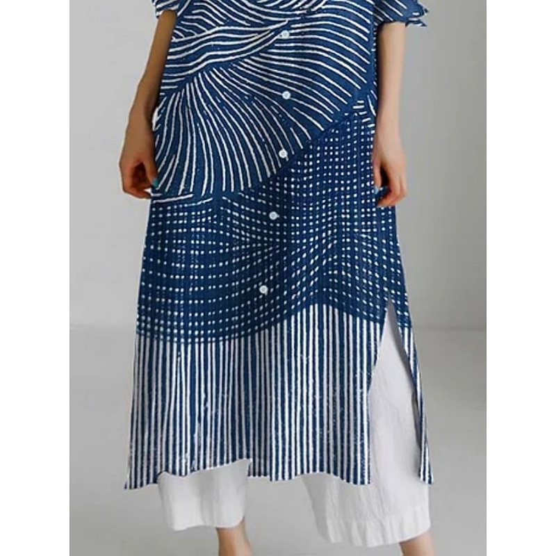 Women's Long Dress Maxi Dress Shirt Dress Casual Dress Fashion Modern Daily Holiday Weekend Regular Fit Color Block Line 3/4 Length Sleeve Shirt Collar Navy Blue Summer Spring Fall3