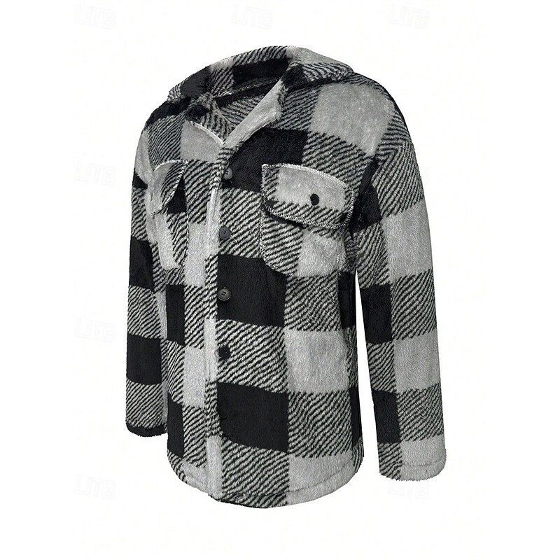 Men's Shirt Jacket Fleece Jacket Casual Jacket Vacation Daily Thermal Warm Pocket Fall Winter Plaid Fashion Classic Lapel Regular Dark Gray Jacket4