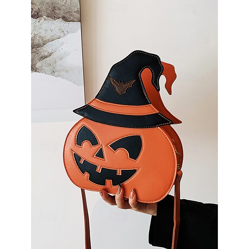 Women's Halloween Pumpkin Jack-O'-Lantern Crossbody Purse – Witch Hat PU Leather Novelty Shoulder Bag, Adjustable Strap, Zipper Pocket – Cute for Cosplay, Costume Party, Trick-or-Treat4