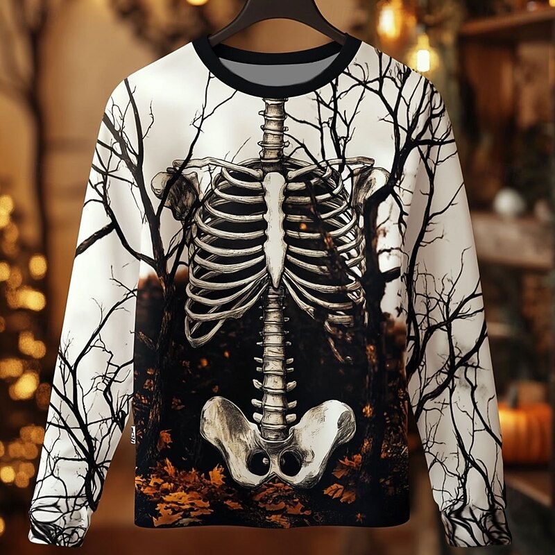 Halloween Day of the Dead Skull Men's 3D Skeleton T Shirt Long Sleeve T shirt 3D Print Crew Neck Shirt Fashion Exaggerated Street Daily Black White Summer Spring Fall Clothing Apparel