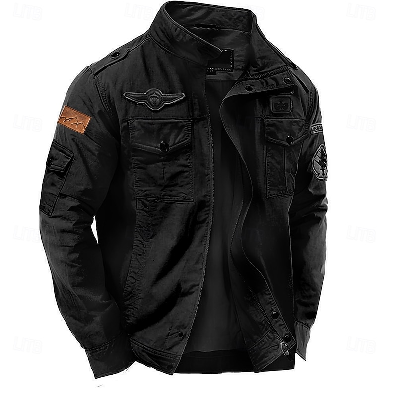 Men's Cotton Embroidered Military Jacket Windbreaker with Shoulder Straps Long Sleeve Standing Collar Multi-Pockets Trucker Jacket Mountain Print Tactical Outerwear3