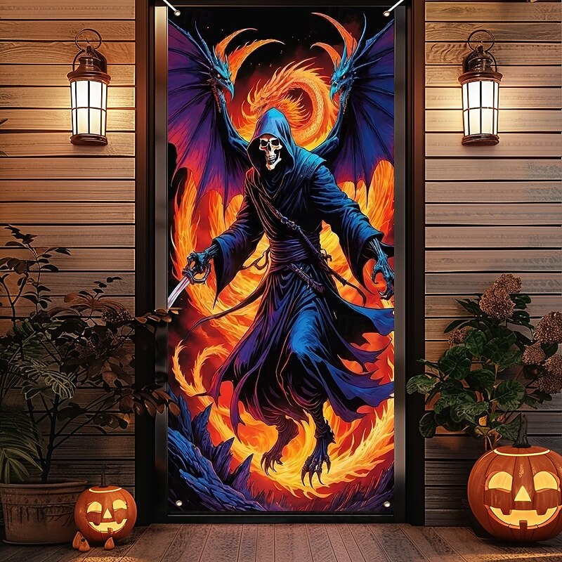 Halloween Door Cover Outdoor Banners Skeleton Angel of Death Psychedelic Dark Punk Gothic Style Party Outdoor Shooting Backgrounds Front Door Wall Porch Home Decor4