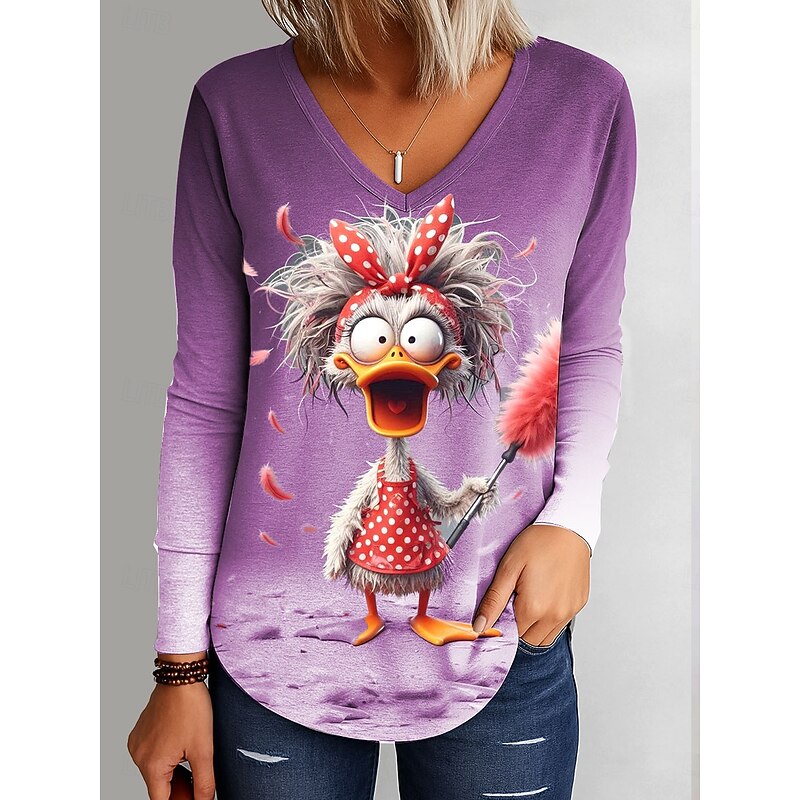 Women's T Shirt Ombre Graphic Duck Vintage Stylish Classic Long Sleeve V Neck Regular Tops Daily Print Blue Purple Green Gray Spring Fall Winter3