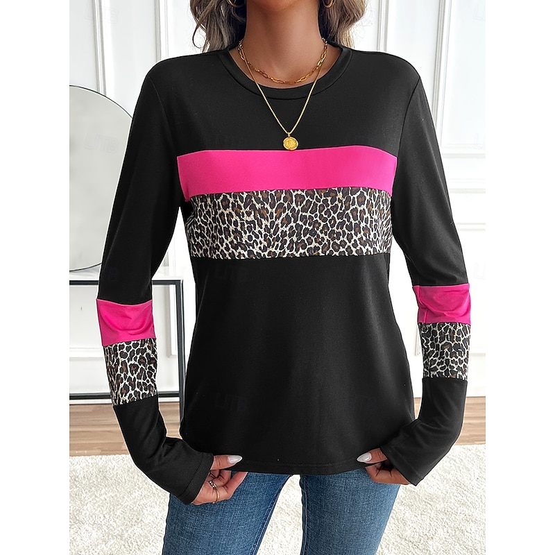 Women's T Shirt Graphic Leopard Geometric Vintage Stylish Classic Long Sleeve Crew Neck Round Neck Regular Tops Daily Print Rose Pink Spring Fall Winter4