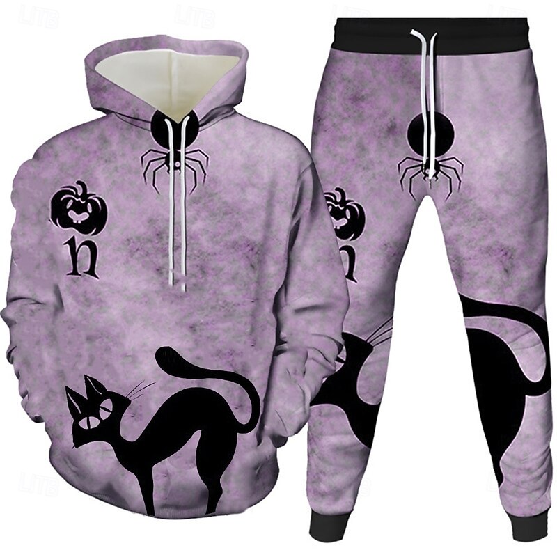 Halloween Men's Cat Ghost Halloween pumpkin 2pcs 3D Sweatshirt Sets Tracksuit Hoodie Sweatshirt Long Sleeve Long pants Hooded Casual Daily Halloween Athleisure Festival Wear 3D Print Spring Fall3