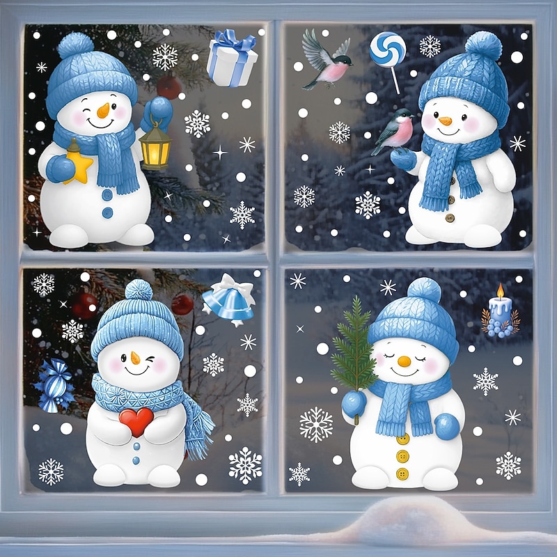 4 Sheets Christmas Window Cling Wall Sticker Decals Decorations, Creative Bells, Gift Boxes, Snowflakes, Candy & Snowmen, Static Cling, Christmas Party Home Decor