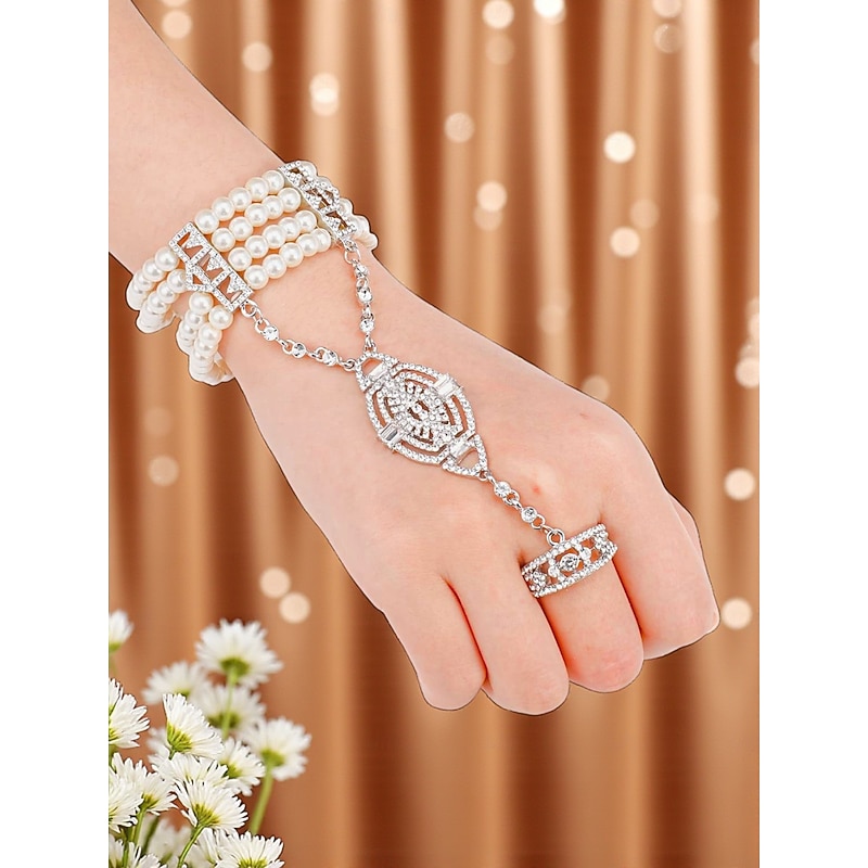 Women's 1920s Pearl Hand Chain Bracelet Ring - Art Deco Flapper Style Jewelry for Gatsby Themed Parties and Vintage Costume Events4