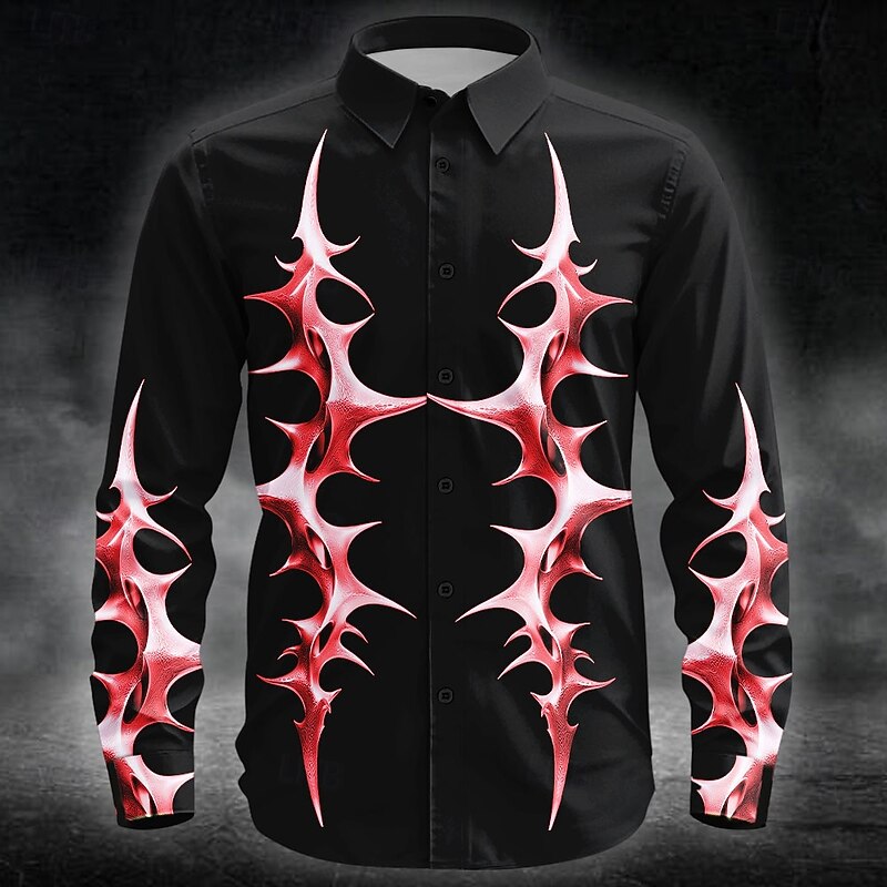 Halloween Men's Neon Glow Flame Spiked Shape Shirt Button Up Shirt Long Sleeve Dark Punk Gothic Style Outdoor Holiday Summer Spring Turndown 3D Print Collared Shirts Red Blue Purple Green3