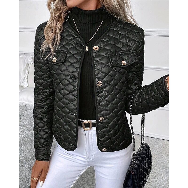 Women's Winter Jacket Coat Warm Comfortable Buttons Fashion Modern Casual Plain Going out Weekend Single Breasted Regular V Neck Regular Fit Long Sleeve Outerwear Black Winter3