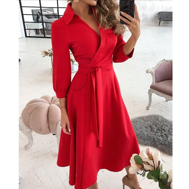 Women's Midi Dress Blazer Dress Sheath Dress Wrap Dress A Line Dress Party Cocktail Semi Formal Vacation Party Wedding Guest Regular Fit Long Sleeve V Neck Black Red Green Apricot Summer Fall Winter2