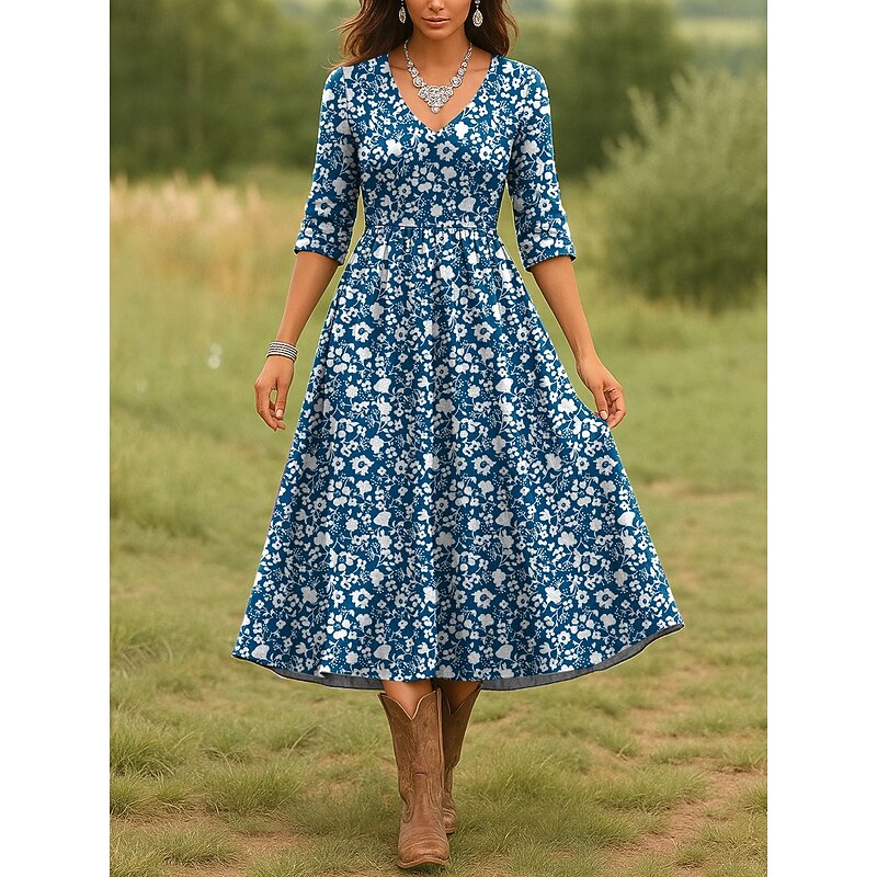 Women's Midi Dress Casual Dress A Line Dress Vacation Casual Regular Fit Floral Graphic Long Sleeve V Neck Red Blue Purple Green Spring Fall3
