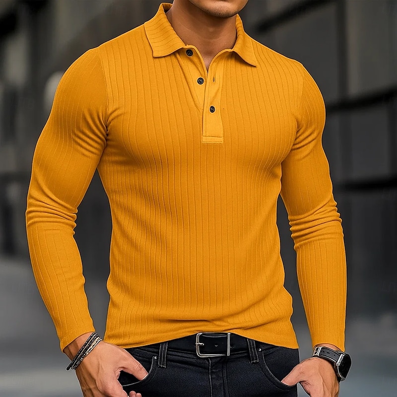 Men's Polo Shirts Rib Knit Top Business Casual Ribbed Polo Collar Long Sleeve Fashion Basic Solid Color Knitting Fall Winter All Seasons Slim Fit White Navy Blue Polo Shirts4