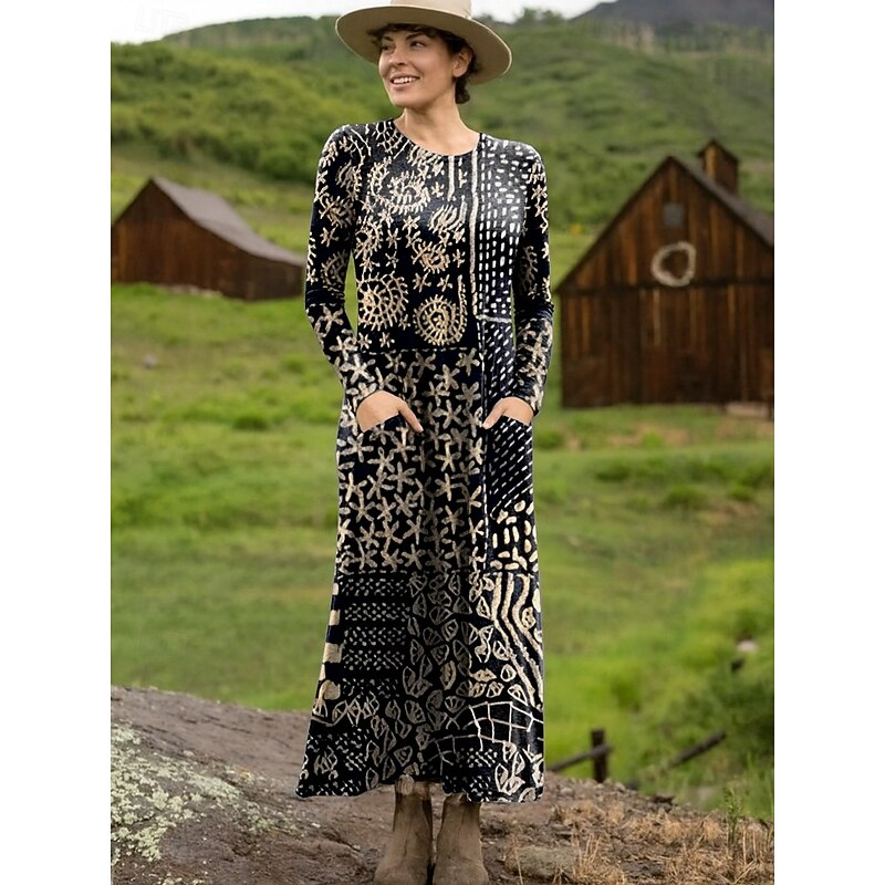 Women's Maxi Dress T Shirt Dress Tee Dress Casual Daily Going out Regular Fit Graphic Geometric Long Sleeve Crew Neck Red Light Brown Orange Brown Summer Spring Fall3