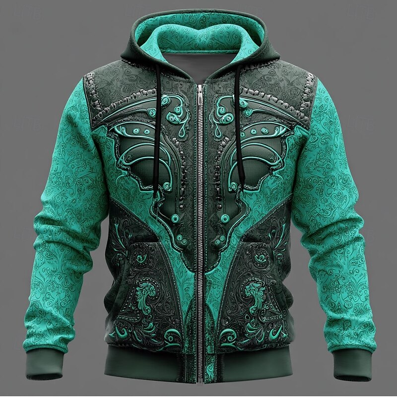 Men's Cowboy Costume Hoodie Jacket Sweatshirt Western Cowboy All Over Print Zip Vacation Streetwear Yellow Light Green Zipper Fall Winter Designer3