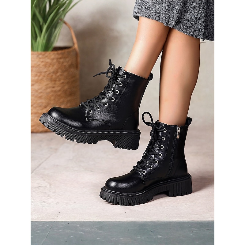 Women's Black Leather Lace - Up Combat Boots, Edgy Style for Urban Fashion, Ideal for City Streetwear & Daily Outfits4