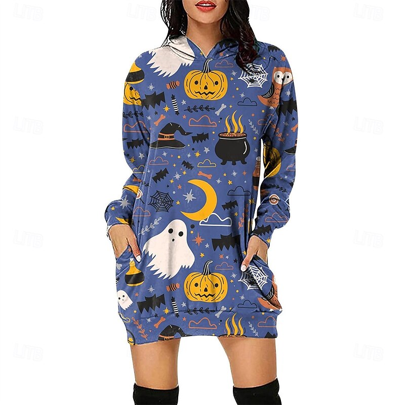 Women's Mini Dress Hoodie Dress Casual Dress Fashion Modern Halloween Daily Weekend Regular Fit Pumpkin Long Sleeve Hooded Yellow Blue Purple Green Spring Fall