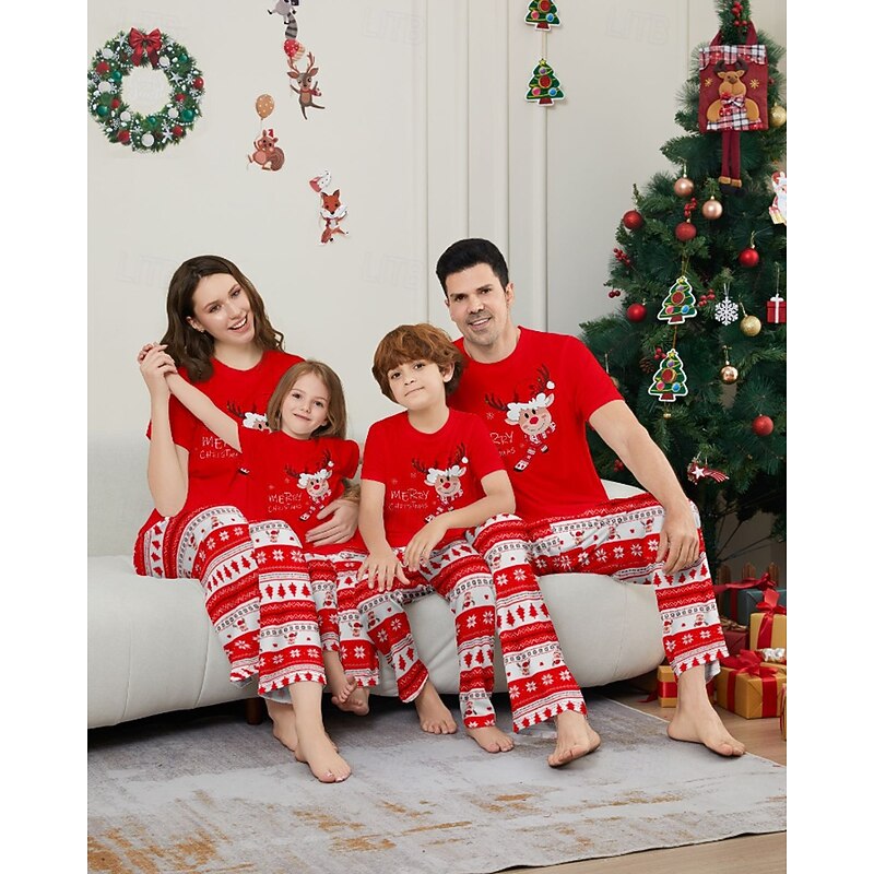 Family Pajamas Christmas Pattern Home Print Red Short Sleeve Active Matching Outfits2