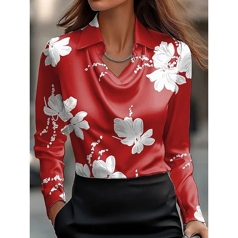 Women's Shirt Dressy Tops Formal Work Shirt Floral Graphic Abstract Elegant Stylish Casual Long Sleeve Cowl Neck Party Evening Wear Daily Ruched Draped Pink Red Navy Blue Beige Fall3