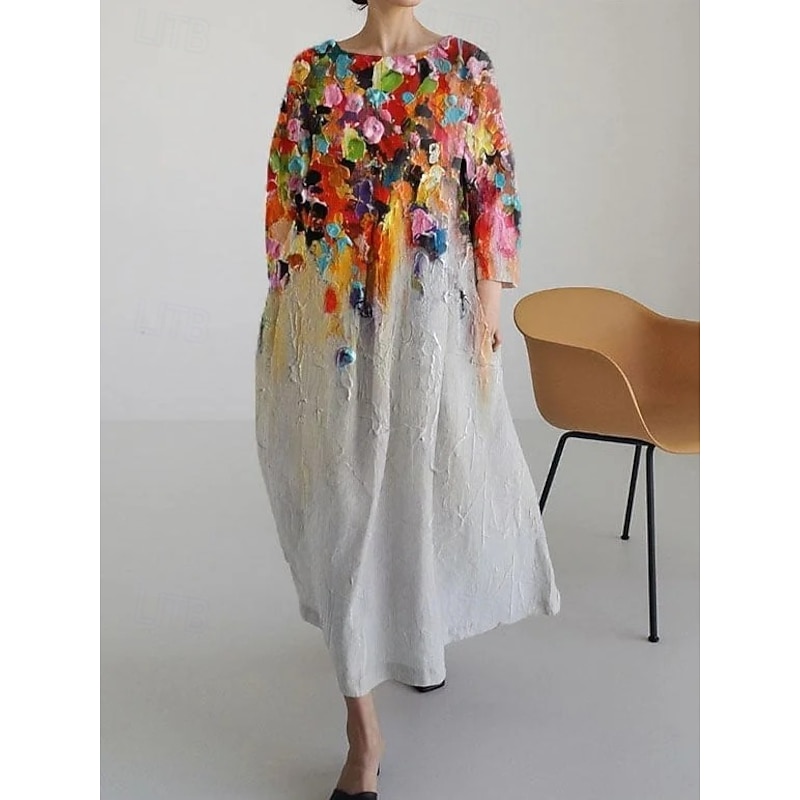 Women's Maxi Dress A Line Dress Fit And Flare Dress Party Birthday Casual Party Office Wedding Guest Loose Fit Floral Graphic Long Sleeve Crew Neck Yellow Red Purple Spring Fall Winter Autumn3
