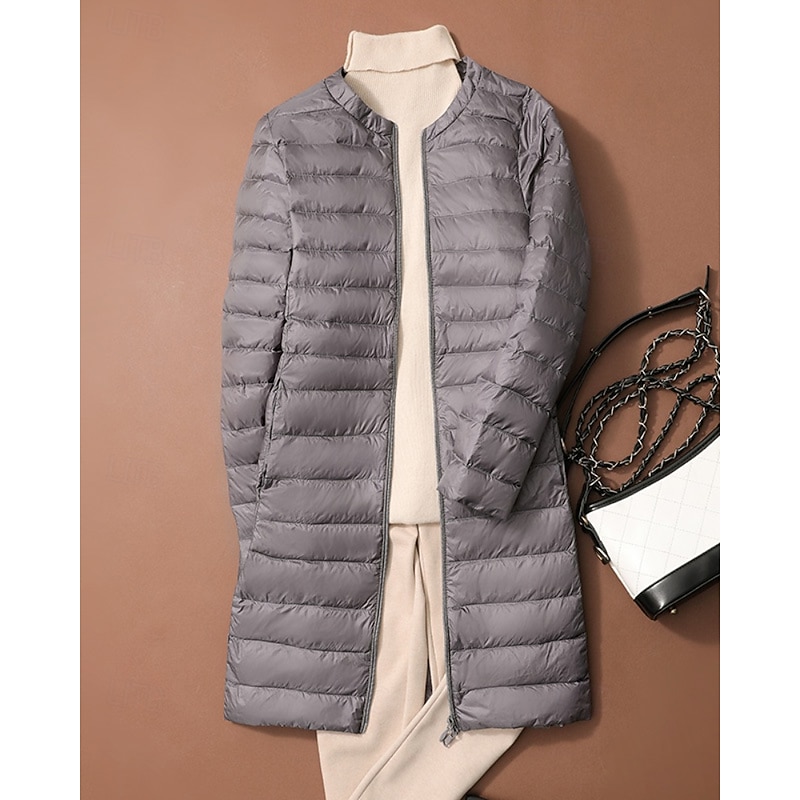 Women's Down Jacket Coat Warm Comfortable Zipper Pocket Fashion Plain Daily Wear Going out Casual Daily Weekend Zipper Long Crewneck Regular Fit Long Sleeve Outerwear Silver Purple Khaki Fall Winter3