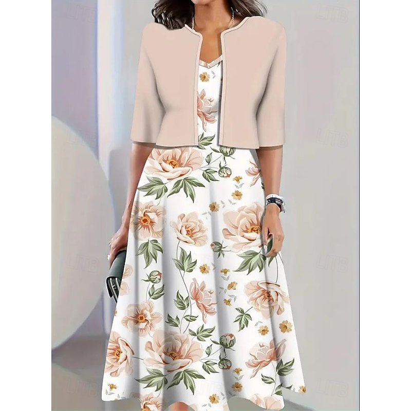 Women's Dress Set A Line Dress Casual Semi Formal Floral Graphic Print Midi Dress Half Sleeve Crew Neck Vacation Date Yellow Blue Beige Summer Spring Regular Fit3