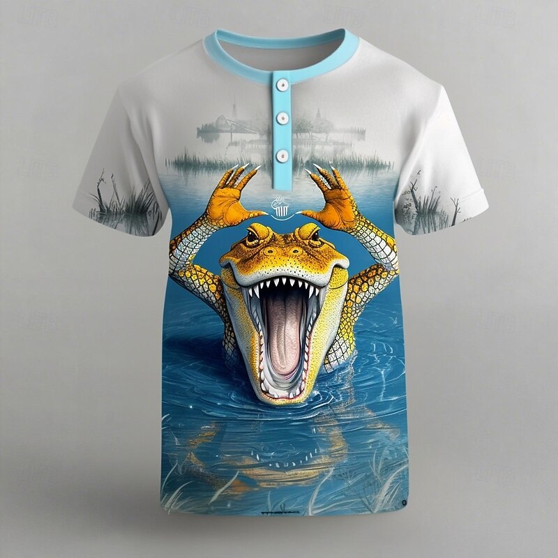 Men's Crocodile Cute T Shirt Henley Shirt Short Sleeve Designer Retro Vintage Casual Street Casual Daily Summer Spring Light Blue Henley Collar Henley Henley T-Shirt