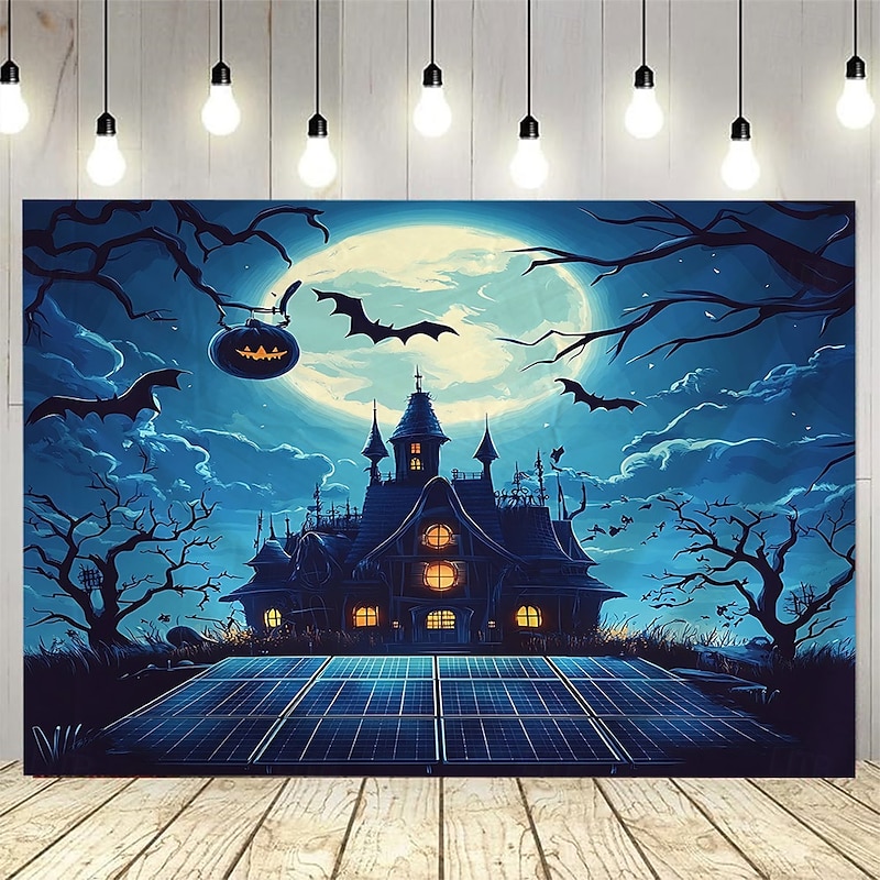 Halloween Photograph Backdrop Tapestry, Pumpkin Lantern, Bat, Full Moon, and Haunted House Pattern Wall Hanging, Large Decorative Mural for Bedroom, Living Room, Party, and Home Decoration4