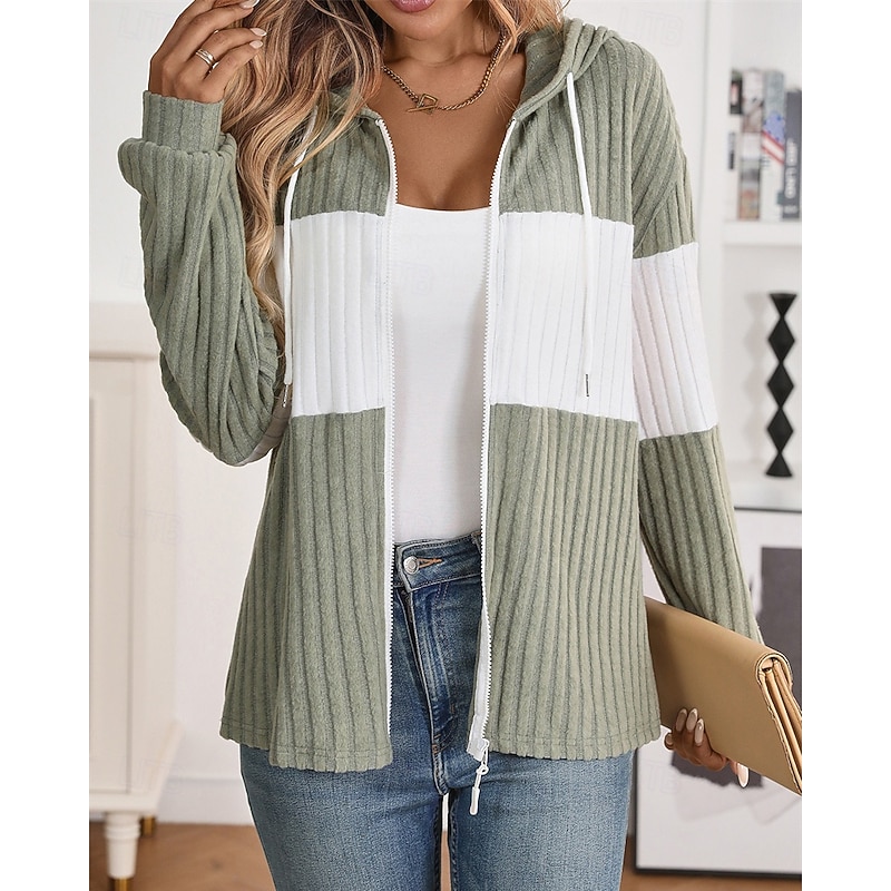 Women's Winter Coat Comfortable Breathable Zipper Knit Fashion Daily Color Block Outdoor Casual Daily Zipper Regular Hooded Regular Fit Long Sleeve Outerwear Black Pink Green Spring Fall4