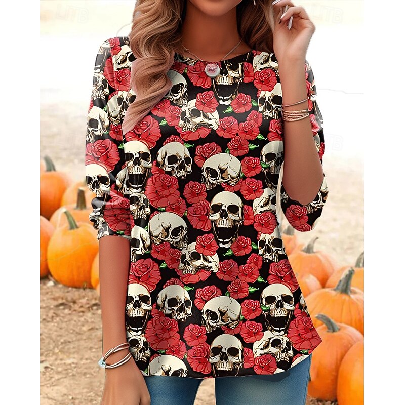 Halloween Women's T Shirt Skulls Graphic Pumpkin Vintage Stylish Classic Long Sleeve Crew Neck Regular Tops Daily Print Black Red Light Brown Orange Light Grey Fall Winter4