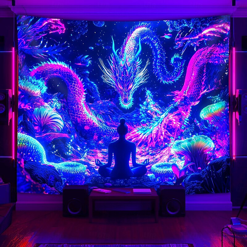 Psychedelic Mushroom Waterfall Blacklight Tapestry – Glow in the Dark Wall Hanging for Bedroom Living Room Trippy Room Decor4