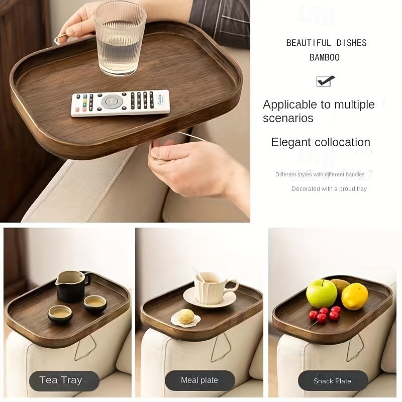 Art Deco Bamboo Sofa Arm Tray Table, Portable Folding Clip-On Side Table, Metal Frame, No Electricity Needed, Brown Bamboo Drink Shelf for Couch and Console Tables2