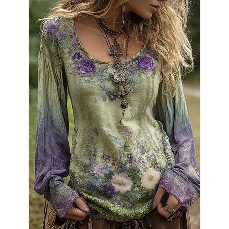 Women's Blouse Graphic Vintage Daily Casual Long Sleeve V Neck Regular Tops Tribal Vintage Designer Basic Print Vacation Street Going out Daily Holiday Print Green Summer Spring Fall