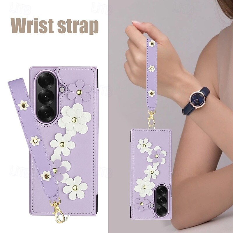 Phone Case For Samsung Galaxy Z Fold 7 Z Fold 6 Z Fold 5 Z Fold 4 Back Cover with Lanyard Kickstand Card Slot Flower Floral TPU PU Leather2