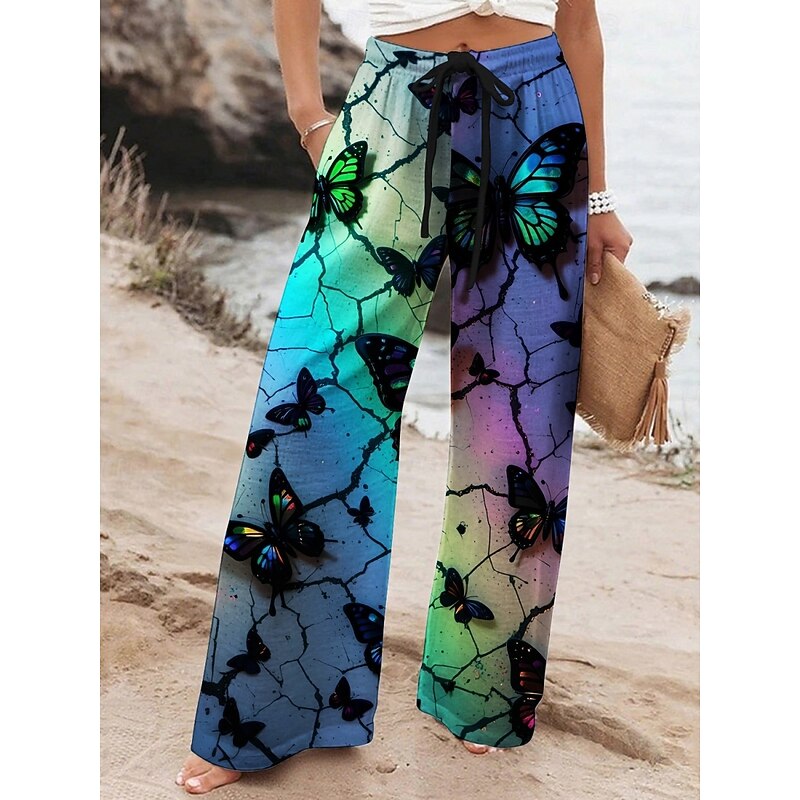 Women's Wide Leg Pants Trousers Vacation Casual Long High Waist Butterfly Elastic Waist Printing High Cut Breathability Soft Micro-elastic Vacation Street Daily Wear Black Purple Khaki Spring Fall2